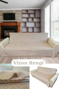 Kanway Kadife Likralı Süngerli Çizgili Giydirmeli Beyaz Tekli Koltuk Örtüsü 175x210 cm