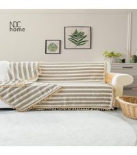 Ndc Home Premium Keten Ponponlu Süngersiz Çizgili Bej Tekli Koltuk Örtüsü 170x220 cm