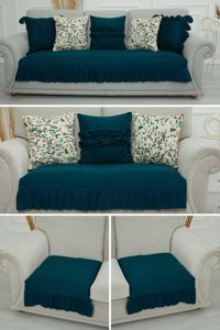 Aisha's Design KTK-8 Polyester Örgü Pileli Süngersiz Düz Mavi Dörtlü Koltuk Örtüsü 34x48 cm