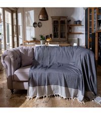 Miracolo Home Pamuklu Püsküllü Süngersiz Geometrik Desenli Lacivert Tekli Koltuk Örtüsü 180x215 cm