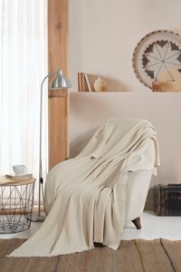 Lux Touch Vera Pamuklu Saçaklı Süngersiz Geometrik Desenli Ekru Tekli Koltuk Örtüsü 150x200 cm
