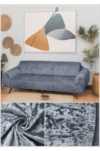 Btf Home Kadife Likralı Tüylü Süngersiz Düz Giydirmeli Lastikli Gri Tekli Koltuk Örtüsü 180x230 cm