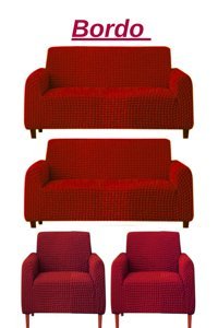 Uytm Polyester Bürümcük-Likralı Süngerli Çizgili Giydirmeli Bordo Dörtlü Koltuk Örtüsü 180x230 cm