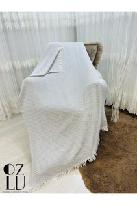 Özlü Home Atlas Pamuklu - Polyester Örgü Saçaklı Süngersiz Çizgili Kaymaz Gri Tekli Koltuk Örtüsü 170x210 cm