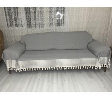 Nasır Home Pamuklu Püsküllü Süngersiz Düz Gri Dörtlü Koltuk Örtüsü 180x300 cm