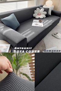 Özmakan Pamuklu - Polyester Likralı Jakarlı Süngersiz Petek Desenli Giydirmeli Antrasit Üçlü Koltuk Örtüsü 180x230 cm