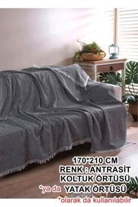 Dakkors Home Pamuklu Kanvas Saçaklı Süngersiz Armürlü Gri Üçlü Koltuk Örtüsü 170x210 cm