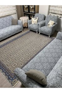 Özmakan Likralı Jakarlı Süngersiz Çiçek Desenli Giydirmeli Gri Dörtlü Koltuk Örtüsü 180x230 cm