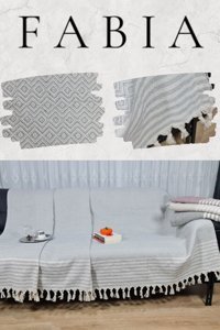 Fabia Home Pamuklu Örgü Püsküllü Süngersiz Armürlü Beyaz-Mavi Tekli Koltuk Örtüsü 170x210 cm