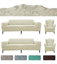 Btf Home Pamuklu - Polyester Polar Jakarlı Süngerli Giydirmeli Lastikli Bej Üçlü Koltuk Örtüsü 180x230 cm
