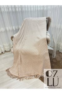 Özlü Home Pamuklu - Polyester Örgü Saçaklı Süngersiz Geometrik Desenli Bej Tekli Koltuk Örtüsü 170x220 cm