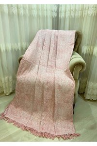 Özlü Home Pamuklu Örgü Saçaklı Süngersiz Çizgili Pembe Tekli Koltuk Örtüsü 170x220 cm