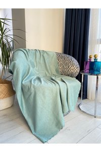 Koçhan Manifatura Pamuklu Jakarlı Süngerli Çizgili Yeşil Tekli Koltuk Örtüsü 175x215 cm