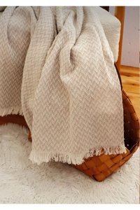 Bozkuş Home Pamuklu Püsküllü Süngersiz Zikzaklı Bej İkili Koltuk Örtüsü 170x210 cm