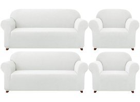 Elgeyar Polyester Likralı Jakarlı Süngersiz Armürlü Giydirmeli Beyaz Sekizli Koltuk Örtüsü 180x230 cm