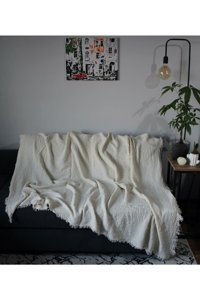 Brevis Müslin Saçaklı Süngersiz Düz Bej Tekli Koltuk Örtüsü 160x200 cm