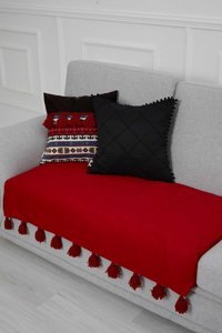 Aisha's Design KO-19-IK Polyester Örgü Püsküllü Süngersiz Düz Kırmızı Tekli Koltuk Örtüsü 90x155 cm