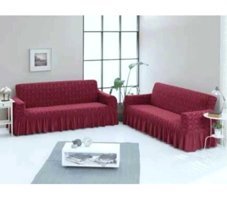 Akbu Pamuklu - Polyester Fırfırlı Süngersiz Giydirmeli Lastikli Bordo ikili Koltuk Örtüsü 180x215 cm