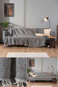 Nash Shoes Natural Pamuklu Jakarlı Süngersiz Geometrik Desenli Siyah Tekli Koltuk Örtüsü 170x210 cm