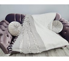 Mania Pamuklu Püsküllü Süngersiz Çizgili Bej Tekli Koltuk Örtüsü 180x300 cm