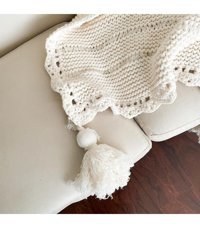Macra Home Pamuklu Örgü Ponponlu-Püsküllü Süngersiz Geometrik Desenli Bej Tekli Koltuk Örtüsü 75x120 cm