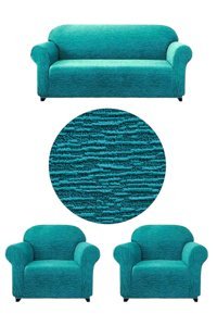 Uytm Likralı Jakarlı Süngerli Çizgili Giydirmeli Yeşil Üçlü Koltuk Örtüsü 180x230 cm