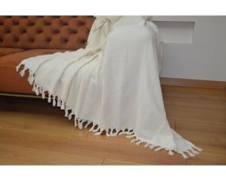 Koza Home Pamuklu Saçaklı Süngersiz Ekru Tekli Koltuk Örtüsü 180x220 cm