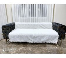 Taşkın Home Pamuklu Polar Saçaklı Süngersiz Geometrik Desenli Yeşil Tekli Koltuk Örtüsü 180x220 cm