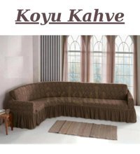 Iydgah Polyester Likralı Jakarlı Süngersiz Damask Desenli Giydirmeli Kahverengi L Koltuk Koltuk Örtüsü 300x390 cm