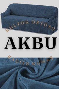 Akbu Kadife Süngersiz Düz Giydirmeli Lastikli Mavi Dörtlü Koltuk Örtüsü 180x220 cm