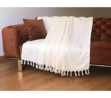Koza Home Pamuklu Saçaklı Süngersiz Çizgili Ekru Tekli Koltuk Örtüsü 180x215 cm