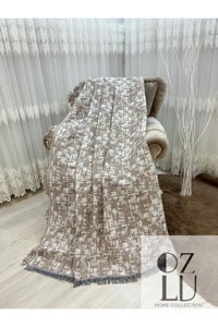 Özlü Home Pamuklu - Polyester Örgü Saçaklı Süngersiz Çizgili Kahverengi Tekli Koltuk Örtüsü 170x220 cm