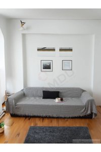 Peshqir Pamuklu Örgü Saçaklı Süngersiz Çizgili Gri Üçlü Koltuk Örtüsü 170x304 cm