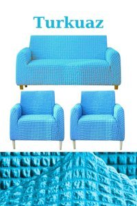 Uytm Polyester Bürümcük-Likralı Süngerli Çizgili Giydirmeli Turkuaz Üçlü Koltuk Örtüsü 180x230 cm
