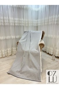 Özlü Home Pamuklu Örgü Saçaklı Süngersiz Çizgili Gri Tekli Koltuk Örtüsü 170x210 cm