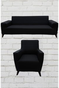 Şahane Ev Mikro Polyester Likralı Jakarlı Süngersiz Düz Giydirmeli Lastikli Siyah Üçlü Koltuk Örtüsü 85x55 cm