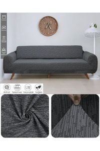 Seltenet Likralı Jakarlı Süngersiz Çizgili Giydirmeli Su Geçirmez Gri Tekli Koltuk Örtüsü 180x230 cm