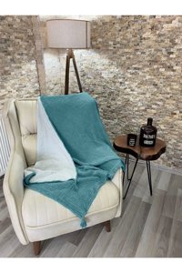 Rozet Tekstil Pamuklu Örgü Püsküllü Süngersiz Armürlü Turkuaz Tekli Koltuk Örtüsü 120x180 cm