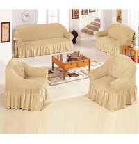 Hanemce Pamuklu - Polyester Bürümcük Fırfırlı Süngersiz Kapitone Giydirmeli Bej 3-3-2-2 Koltuk Örtüsü 180x230 cm