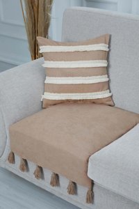 Aisha's Design KO-19-T Polyester Örgü Püsküllü Süngersiz Düz Vizon Tekli Koltuk Örtüsü 34x48 cm