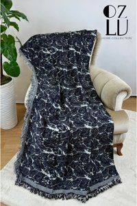 Özlü Home Pamuklu - Polyester Örgü Saçaklı Süngersiz Mermer Desenli Siyah Tekli Koltuk Örtüsü 170x220 cm