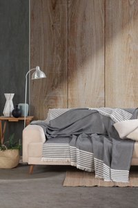 Bozkuş Home Line Pamuklu Püsküllü Süngersiz Çizgili Gri Tekli Koltuk Örtüsü 180x240 cm