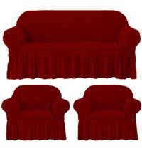 Iydgah Polyester Bürümcük-Likralı Fırfırlı Süngersiz Kapitone Giydirmeli Bordo Üçlü Koltuk Örtüsü 180x50 cm