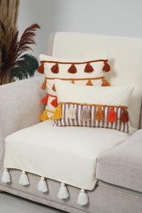 Aisha's Design KO-31-T Polyester Örgü Püsküllü Süngersiz Düz Ekru Tekli Koltuk Örtüsü 75x185 cm