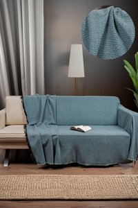 Mariva Home Diamond Pamuklu Saçaklı Süngersiz Geometrik Desenli Turkuaz Tekli Koltuk Örtüsü 170x210 cm