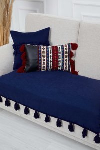 Aisha's Design KO-26-IK Polyester Örgü Püsküllü Süngersiz Düz Lacivert Tekli Koltuk Örtüsü 90x155 cm