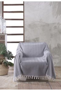 Ladynil Natural Pamuklu Saçaklı Süngersiz Çizgili Antrasit Tekli Koltuk Örtüsü 160x160 cm