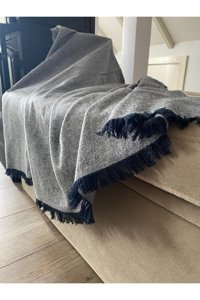 Jumbo Home Pamuklu Saçaklı Süngersiz Çizgili Lacivert Tekli Koltuk Örtüsü 150x300 cm