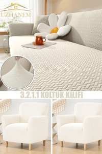 Uzhanem Polyester Likralı Süngerli Geometrik Desenli Giydirmeli Bej Tekli Koltuk Örtüsü 180x230 cm