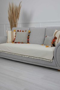 Aisha's Design KO-24 Keten Saçaklı Süngersiz Düz Bej Üçlü Koltuk Örtüsü 90x210 cm
